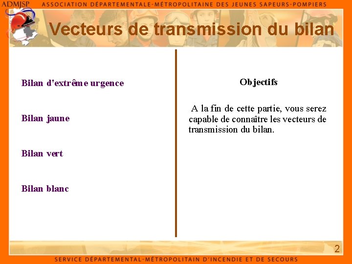 Vecteurs de transmission du bilan Bilan d'extrême urgence Bilan jaune Objectifs A la fin