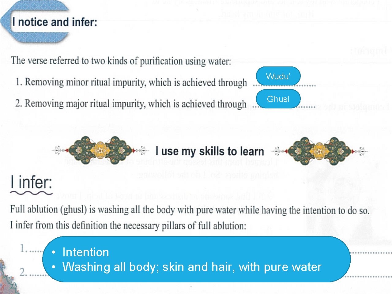 Wudu’ Ghusl • Intention • Washing all body; skin and hair, with pure water