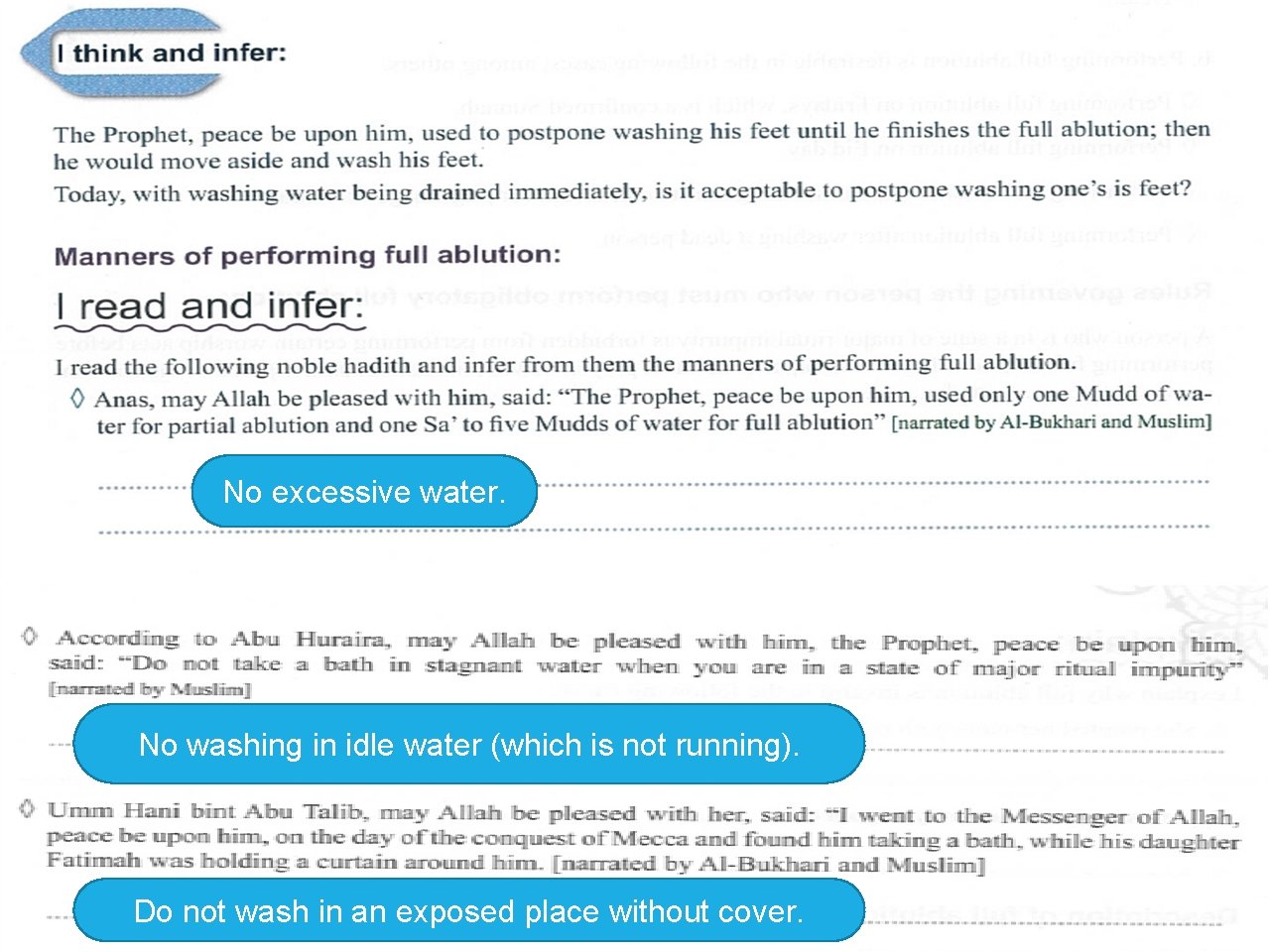 No excessive water. No washing in idle water (which is not running). Do not