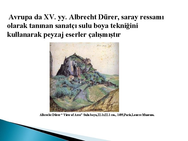 Avrupa da XV. yy. Albrecht Dürer, saray ressamı olarak tanınan sanatçı sulu boya tekniğini