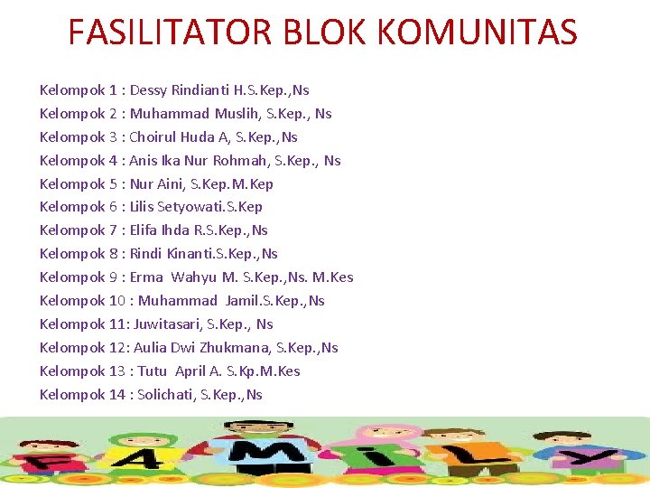 FASILITATOR BLOK KOMUNITAS Kelompok 1 : Dessy Rindianti H. S. Kep. , Ns Kelompok