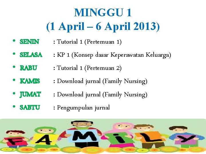 MINGGU 1 (1 April – 6 April 2013) • • • SENIN SELASA RABU