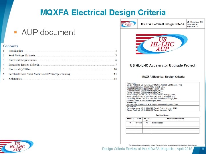 MQXFA Electrical Design Criteria § AUP document Design Criteria Review of the MQXFA Magnets