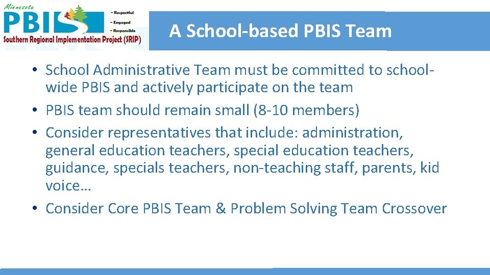 A School-based PBIS Team • School Administrative Team must be committed to schoolwide PBIS