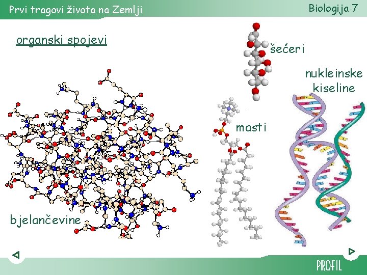 Biologija 7 Prvi tragovi života na Zemlji organski spojevi šećeri nukleinske kiseline masti bjelančevine