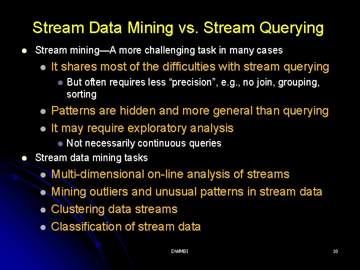 Stream Data Mining vs. Stream Querying Stream mining—A more challenging task in many cases