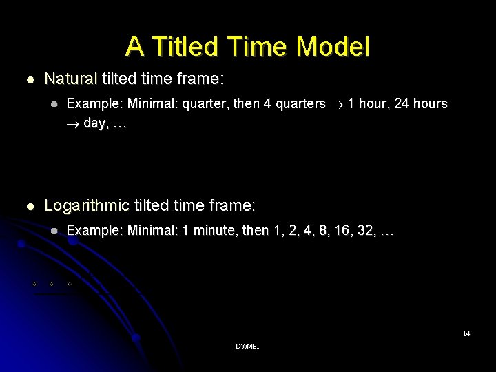 A Titled Time Model Natural tilted time frame: Example: Minimal: quarter, then 4 quarters