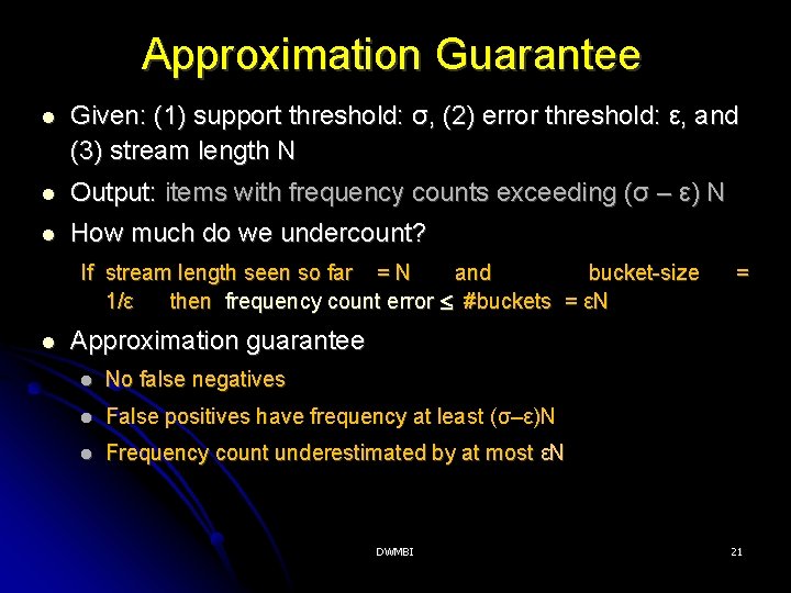 Approximation Guarantee Given: (1) support threshold: σ, (2) error threshold: ε, and (3) stream