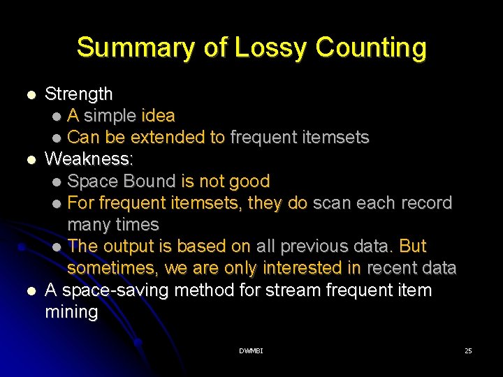Summary of Lossy Counting Strength A simple idea Can be extended to frequent itemsets