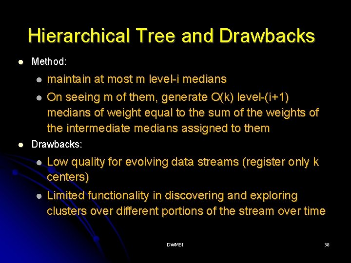 Hierarchical Tree and Drawbacks Method: maintain at most m level-i medians On seeing m