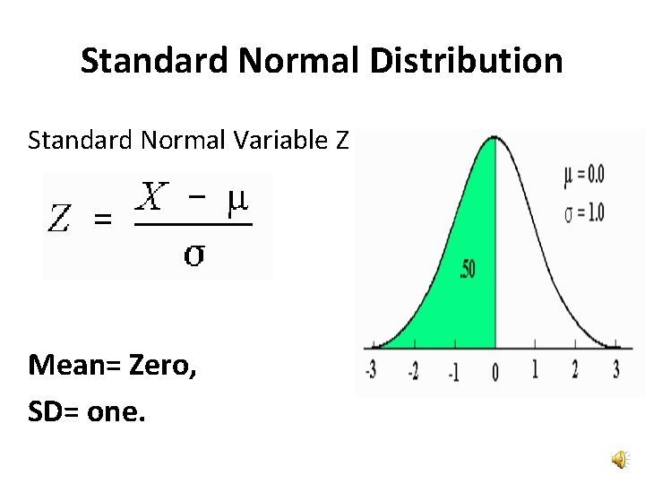 Standard Normal Distribution Standard Normal Variable Z Mean= Zero, SD= one. 