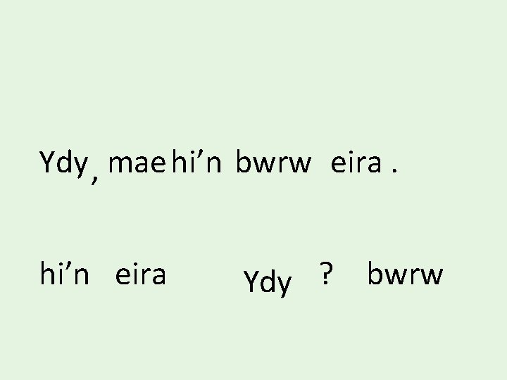 Ydy , mae hi’n bwrw eira. hi’n eira Ydy ? bwrw 