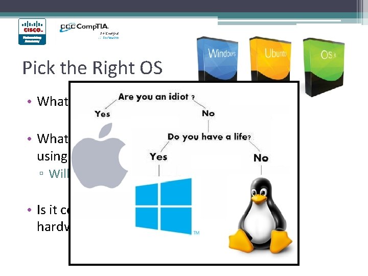 Pick the Right OS • What’s their budget? • What applications is the customer