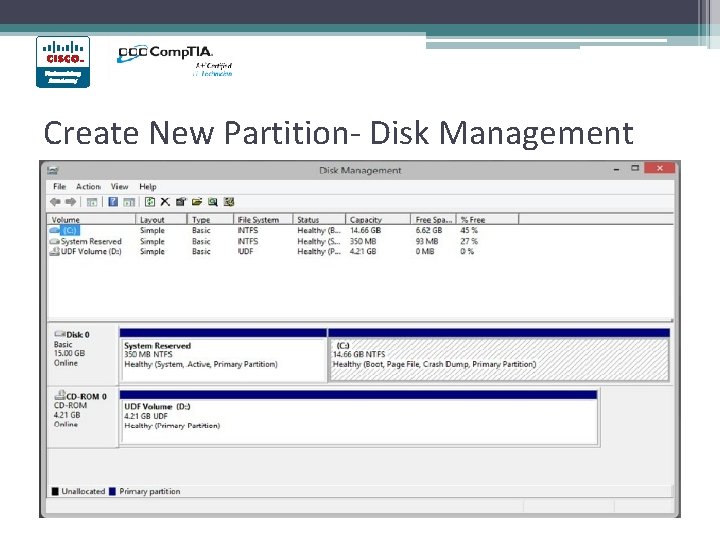 Create New Partition- Disk Management • Extend, split partitions, assign drive letters • Right-click
