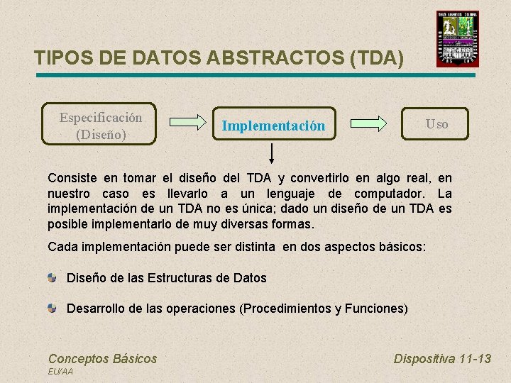 TIPOS DE DATOS ABSTRACTOS (TDA) Especificación (Diseño) Uso Implementación Consiste en tomar el diseño