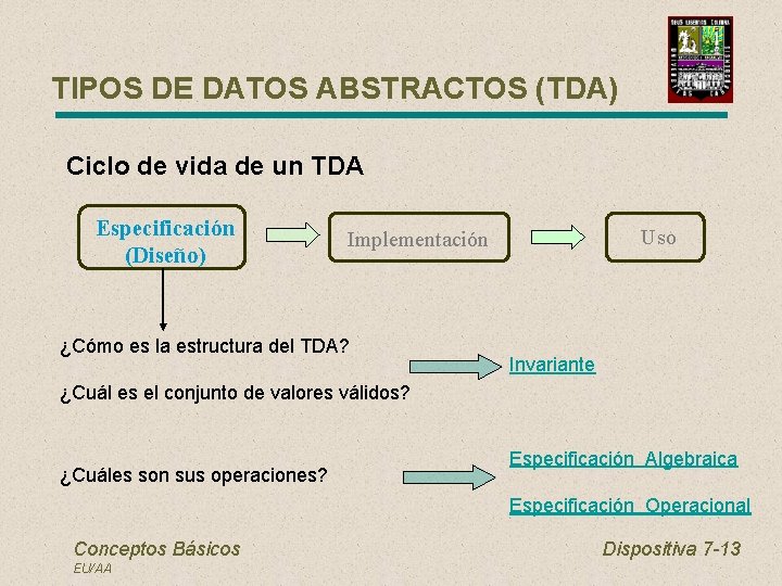 TIPOS DE DATOS ABSTRACTOS (TDA) Ciclo de vida de un TDA Especificación (Diseño) Uso