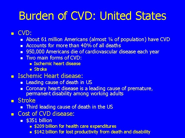 Burden of CVD: United States n CVD: n n About 61 million Americans (almost