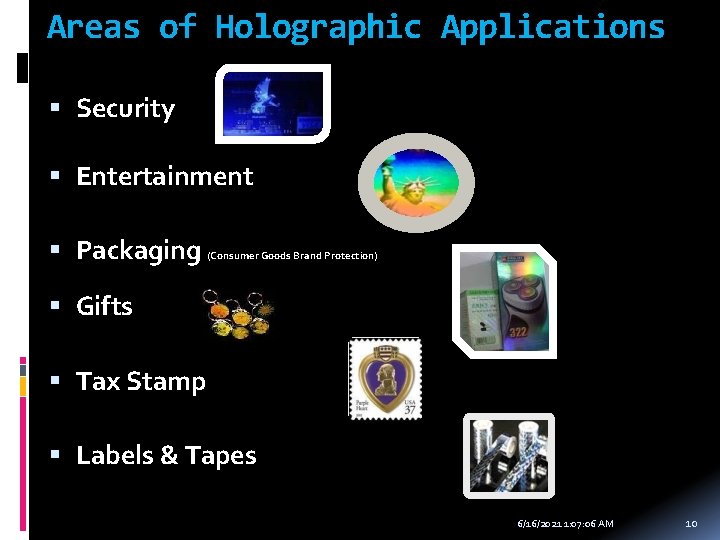 Areas of Holographic Applications Security Entertainment Packaging (Consumer Goods Brand Protection) Gifts Tax Stamp
