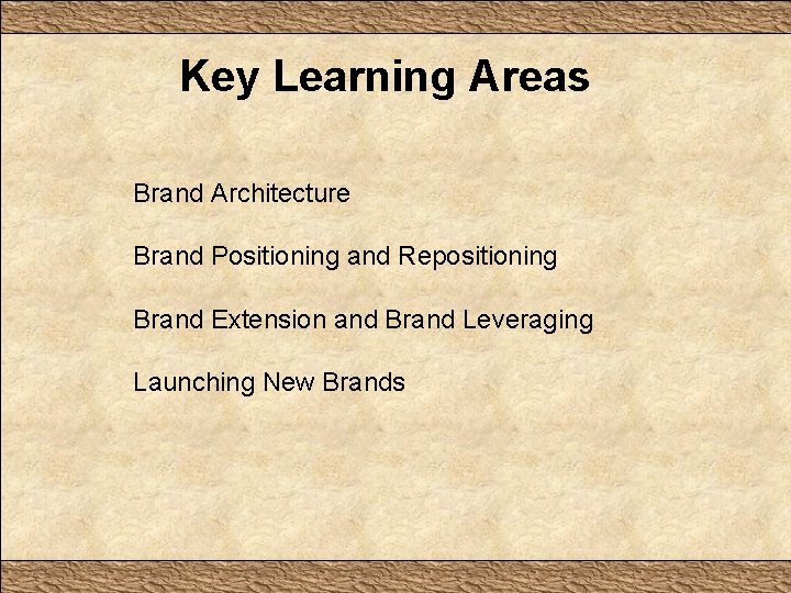 Key Learning Areas Brand Architecture Brand Positioning and Repositioning Brand Extension and Brand Leveraging