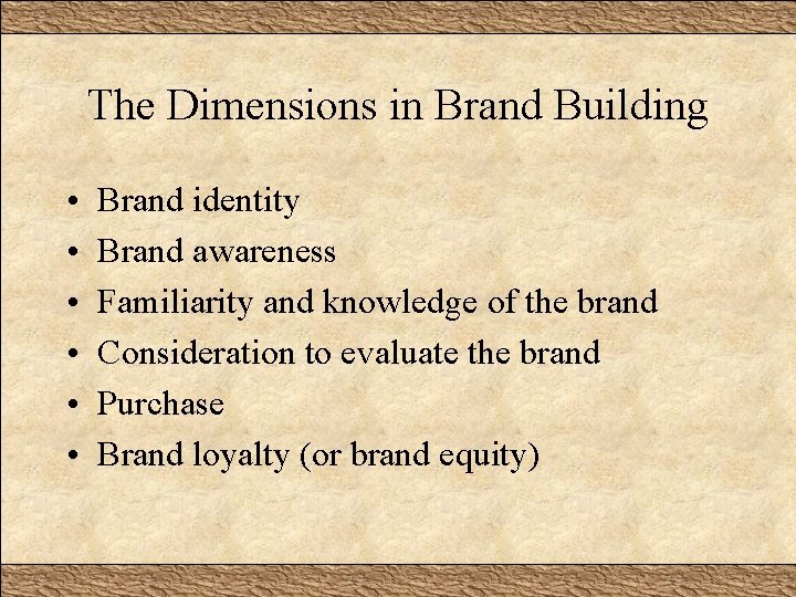 The Dimensions in Brand Building • • • Brand identity Brand awareness Familiarity and