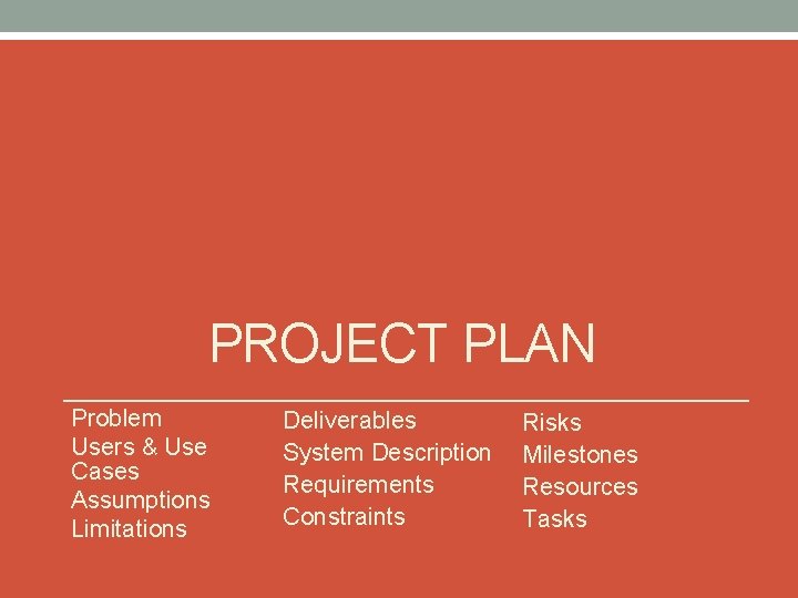 PROJECT PLAN Problem Users & Use Cases Assumptions Limitations Deliverables System Description Requirements Constraints