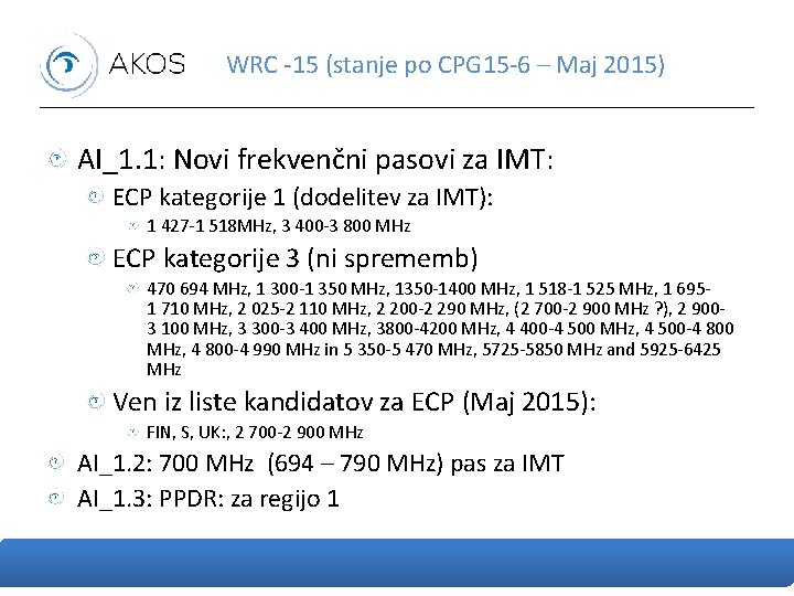 WRC -15 (stanje po CPG 15 -6 – Maj 2015) AI_1. 1: Novi frekvenčni