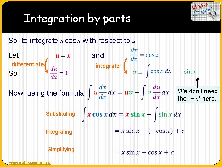 Integration by parts So, to integrate x cos x with respect to x: Let