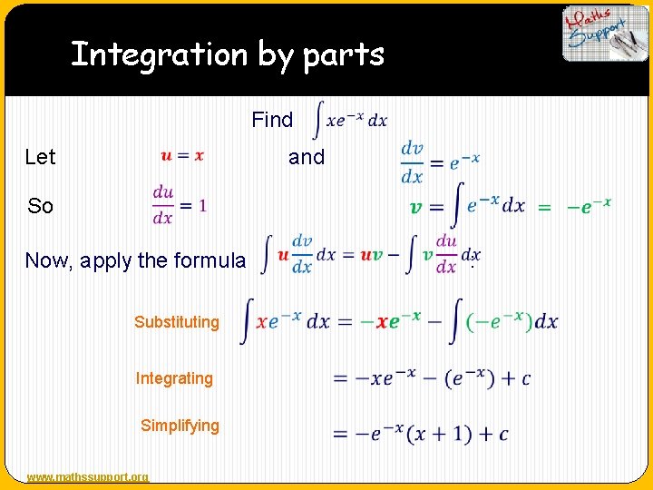 Integration by parts Find and Let So Now, apply the formula Substituting Integrating Simplifying