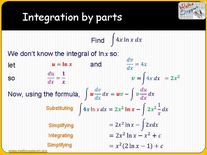 Integration by parts Find We don’t know the integral of ln x so: and
