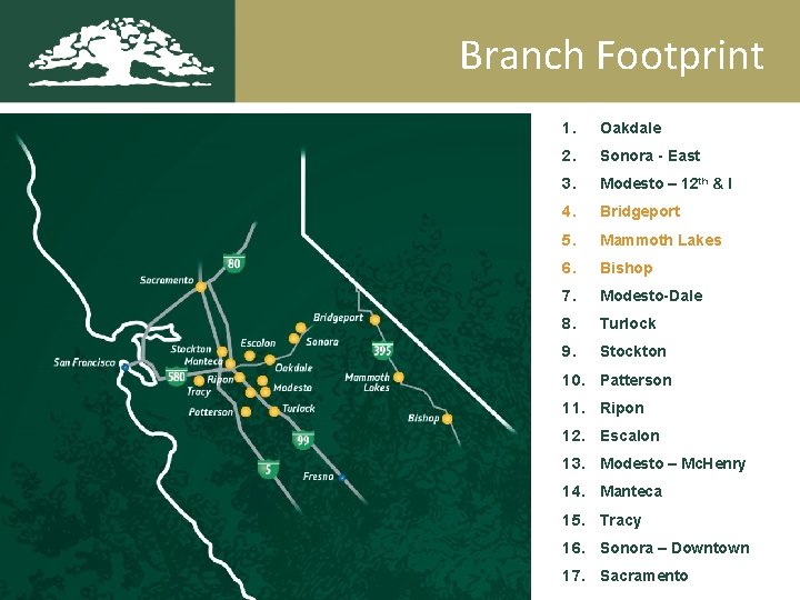 Branch Footprint 1. Oakdale 2. Sonora - East 3. Modesto – 12 th &