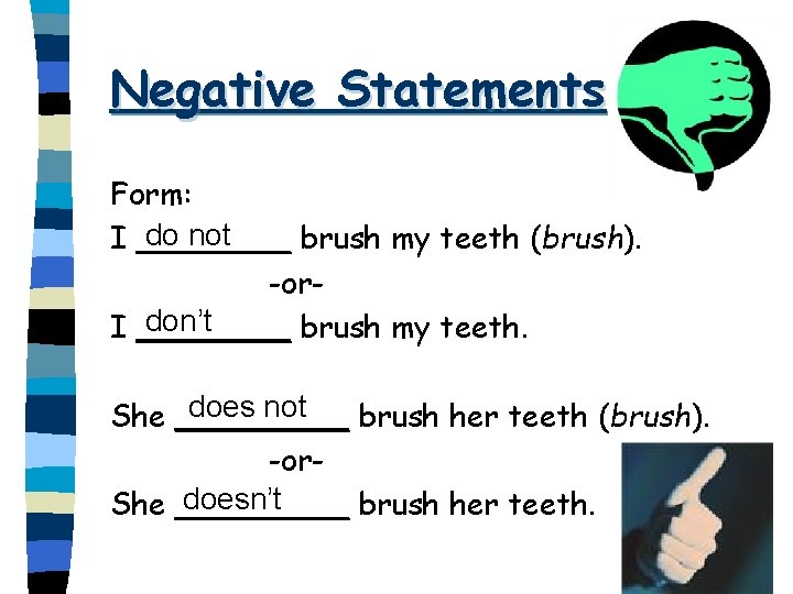 Negative Statements Form: do not I ____ brush my teeth (brush). -ordon’t I ____