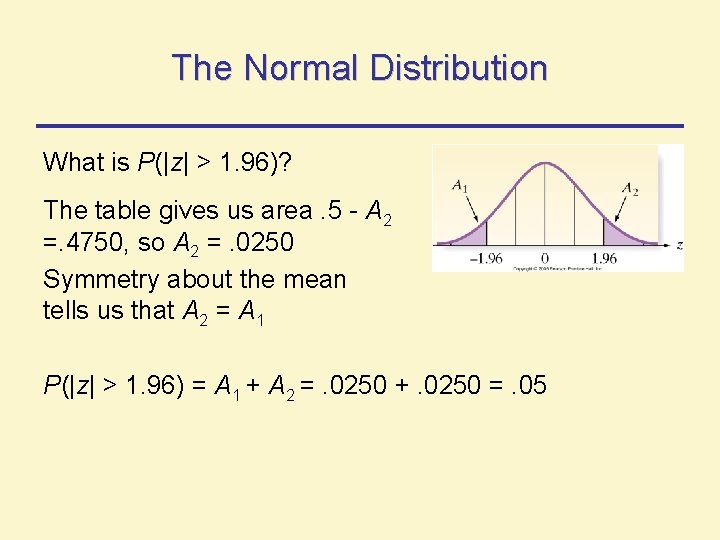 The Normal Distribution What is P(|z| > 1. 96)? The table gives us area. The Normal Distribution What is P(|z| > 1. 96)? The table gives us area.