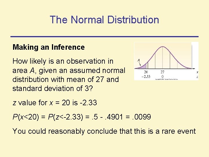 The Normal Distribution Making an Inference How likely is an observation in area A, The Normal Distribution Making an Inference How likely is an observation in area A,