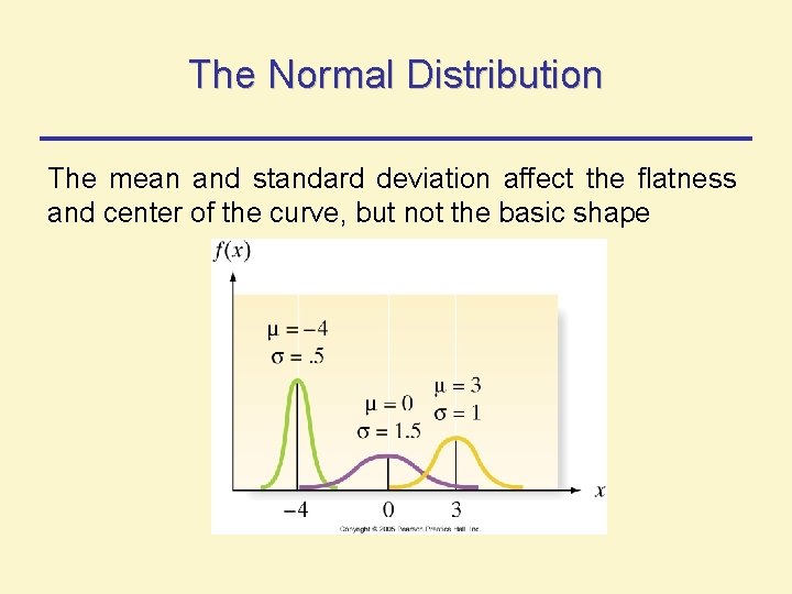 The Normal Distribution The mean and standard deviation affect the flatness and center of The Normal Distribution The mean and standard deviation affect the flatness and center of