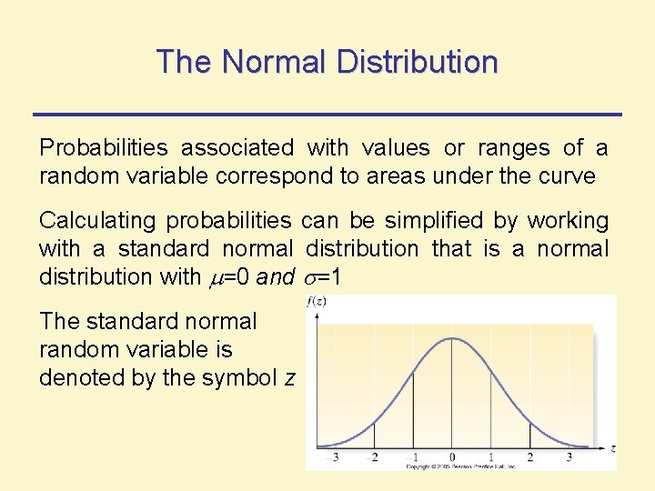 The Normal Distribution Probabilities associated with values or ranges of a random variable correspond The Normal Distribution Probabilities associated with values or ranges of a random variable correspond