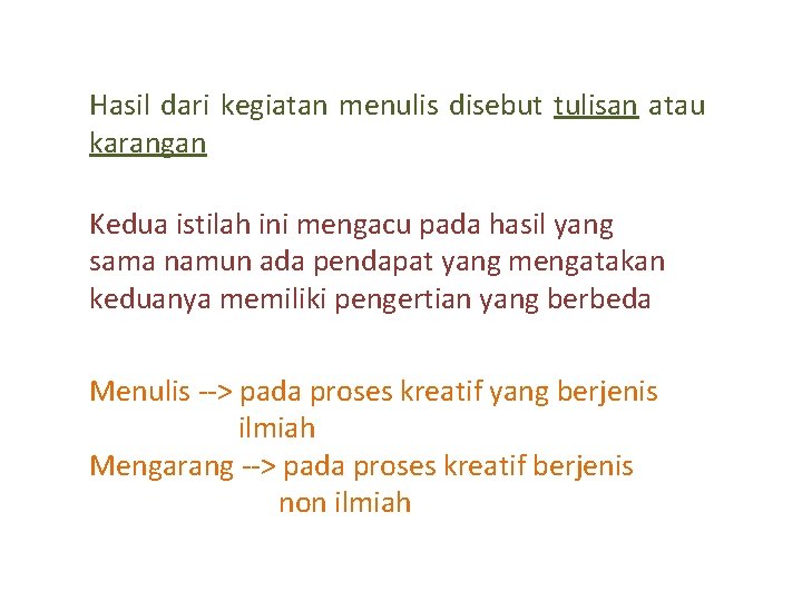 Hasil dari kegiatan menulis disebut tulisan atau karangan Kedua istilah ini mengacu pada hasil