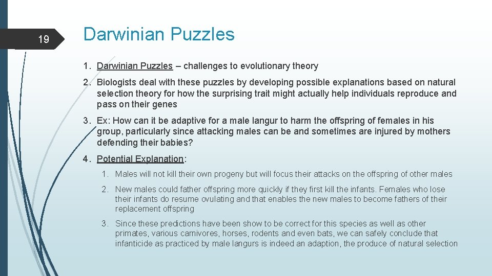 19 Darwinian Puzzles 1. Darwinian Puzzles – challenges to evolutionary theory 2. Biologists deal