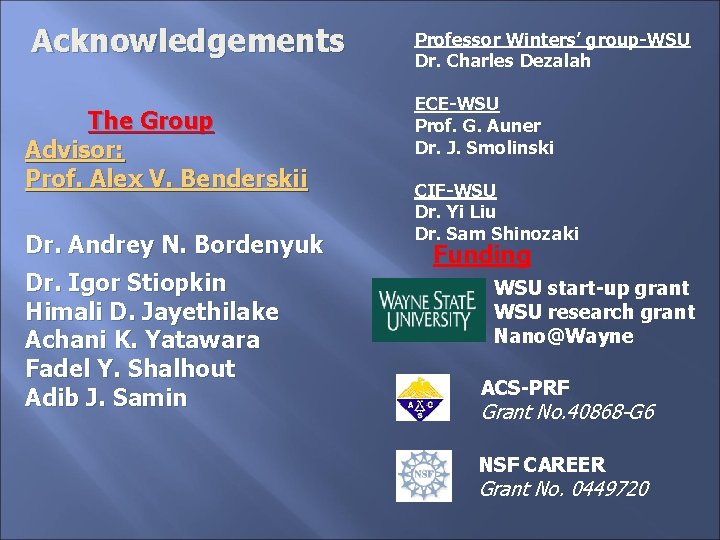 Acknowledgements The Group Advisor: Prof. Alex V. Benderskii Dr. Andrey N. Bordenyuk Dr. Igor