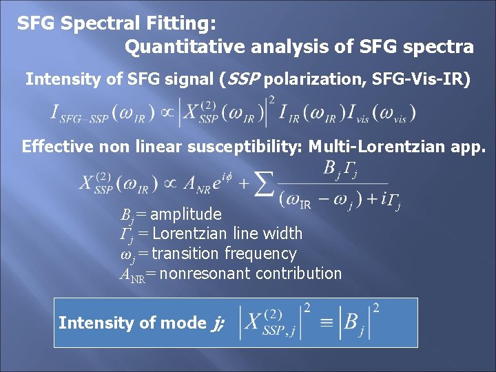 SFG Spectral Fitting: Quantitative analysis of SFG spectra Intensity of SFG signal (SSP polarization,