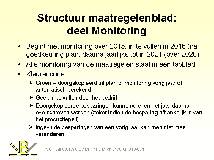 Structuur maatregelenblad: deel Monitoring • Begint met monitoring over 2015, in te vullen in