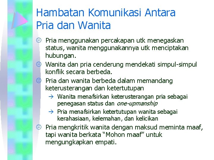 Hambatan Komunikasi Antara Pria dan Wanita K Pria menggunakan percakapan utk menegaskan status, wanita