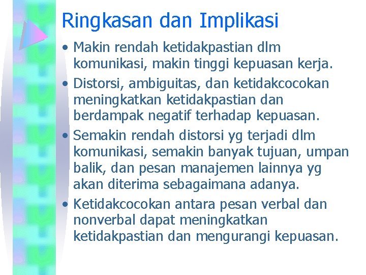 Ringkasan dan Implikasi • Makin rendah ketidakpastian dlm komunikasi, makin tinggi kepuasan kerja. •
