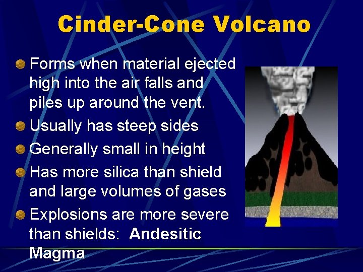 Cinder-Cone Volcano Forms when material ejected high into the air falls and piles up