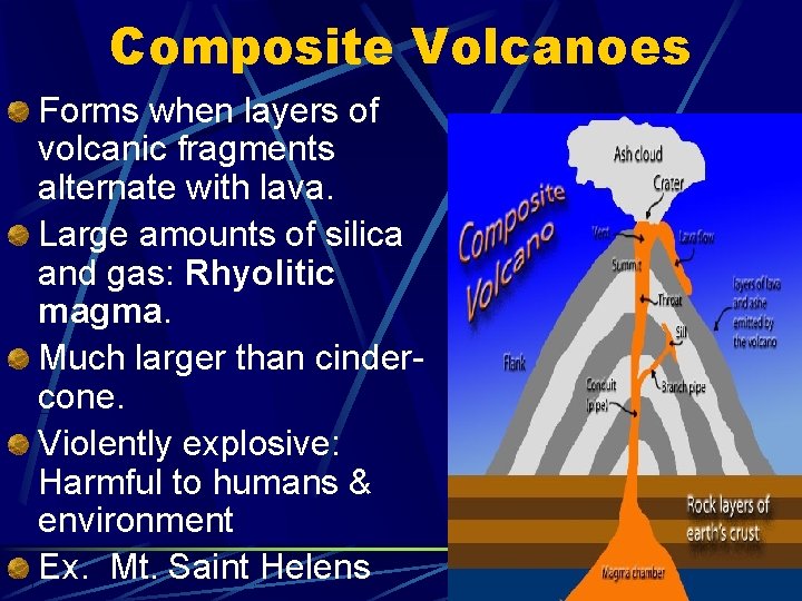 Composite Volcanoes Forms when layers of volcanic fragments alternate with lava. Large amounts of