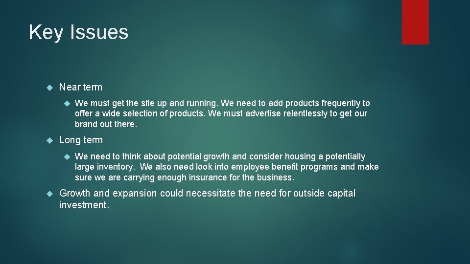 Key Issues Near term Long term We must get the site up and running.