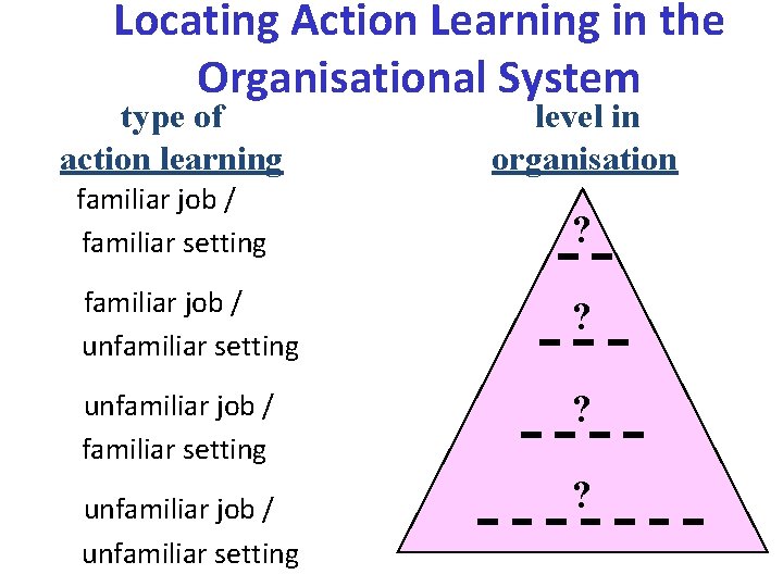 Locating Action Learning in the Organisational System type of action learning level in organisation