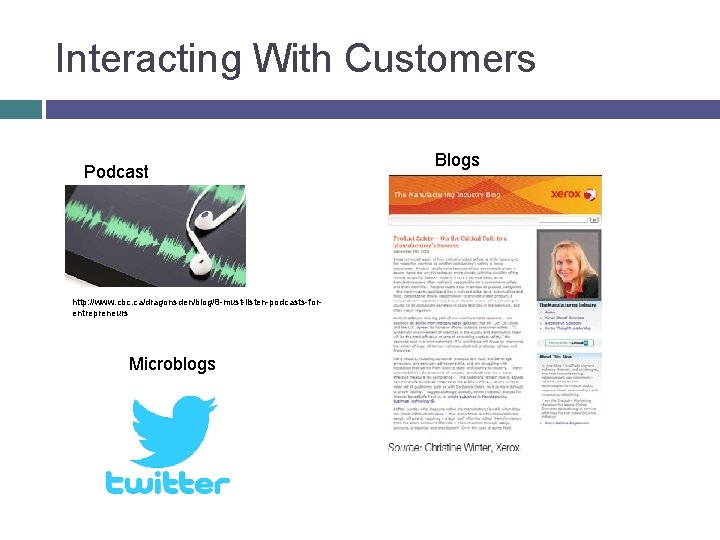Interacting With Customers Podcast http: //www. cbc. ca/dragonsden/blog/8 -must-listen-podcasts-forentrepreneurs Microblogs Blogs 