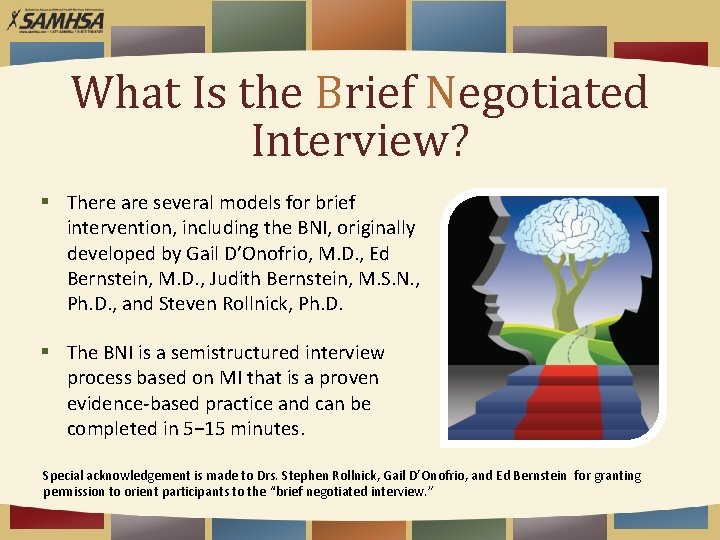 What Is the Brief Negotiated Interview? § There are several models for brief intervention,