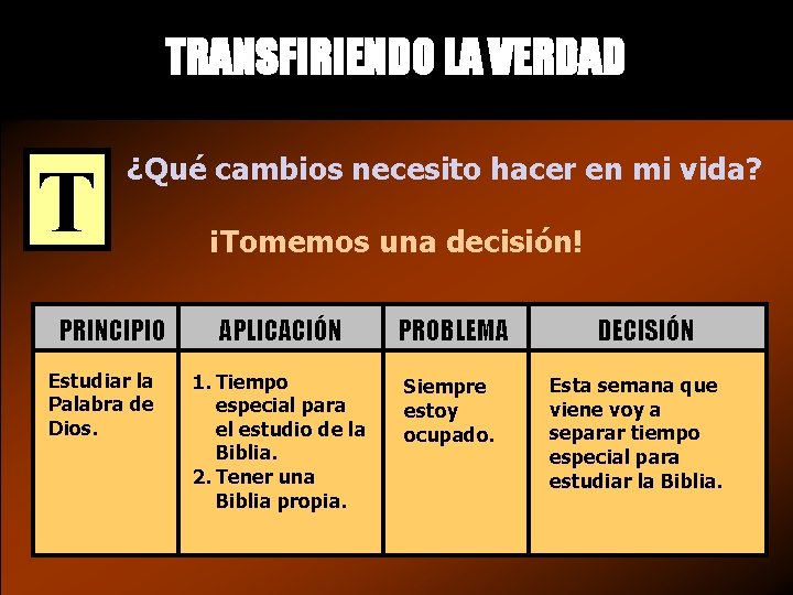 TRANSFIRIENDO LA VERDAD T ¿Qué cambios necesito hacer en mi vida? PRINCIPIO Estudiar la