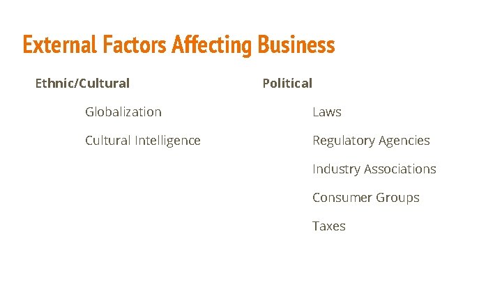 External Factors Affecting Business Ethnic/Cultural Political Globalization Laws Cultural Intelligence Regulatory Agencies Industry Associations